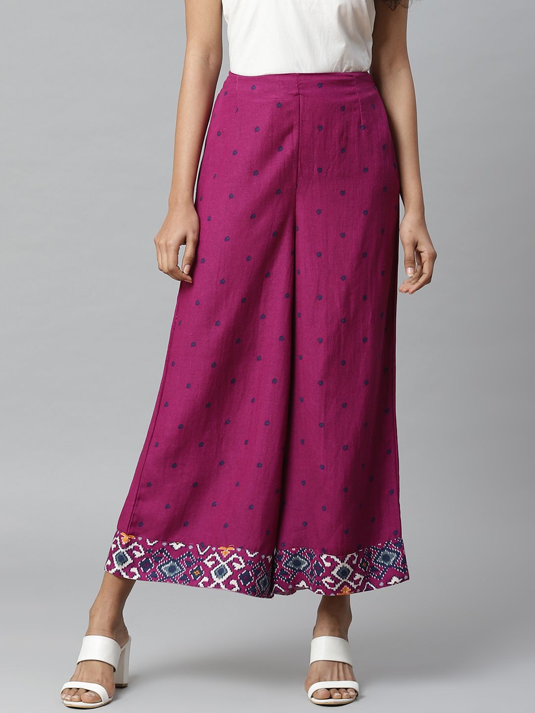 Rangriti Women Magenta & Navy Blue Printed Wide Leg Palazzos Price in India