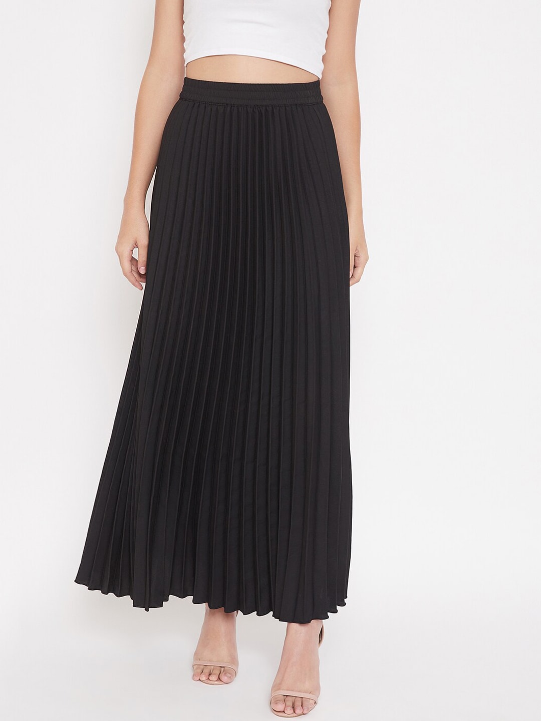 U&F Black Pleated Maxi Flared Skirt Price in India