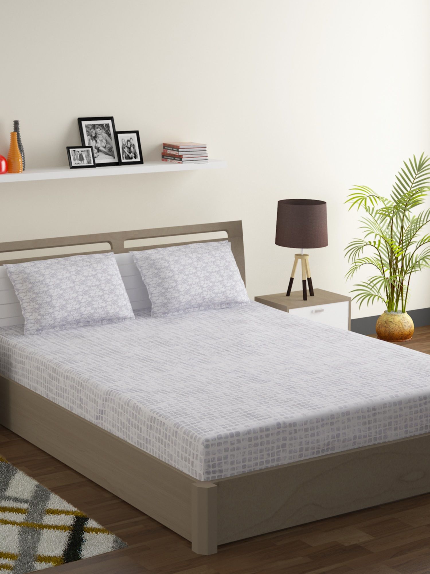 SWAYAM White & Grey Geometric 200 TC Cotton 1  Queen Bedsheet with 2 Pillow Covers Price in India