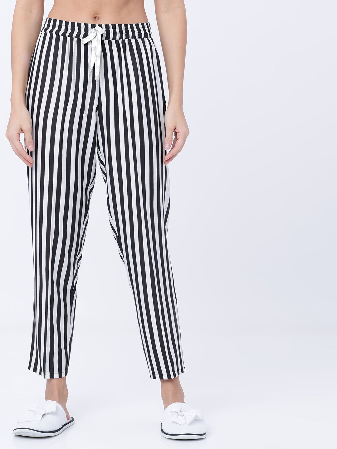 Tokyo Talkies Women Black & White Striped Sustainable Lounge Pants Price in India