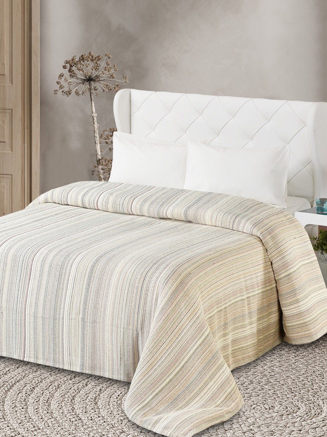 AVI Living Beige Striped 300 GSM Double Bed Blanket Price in India