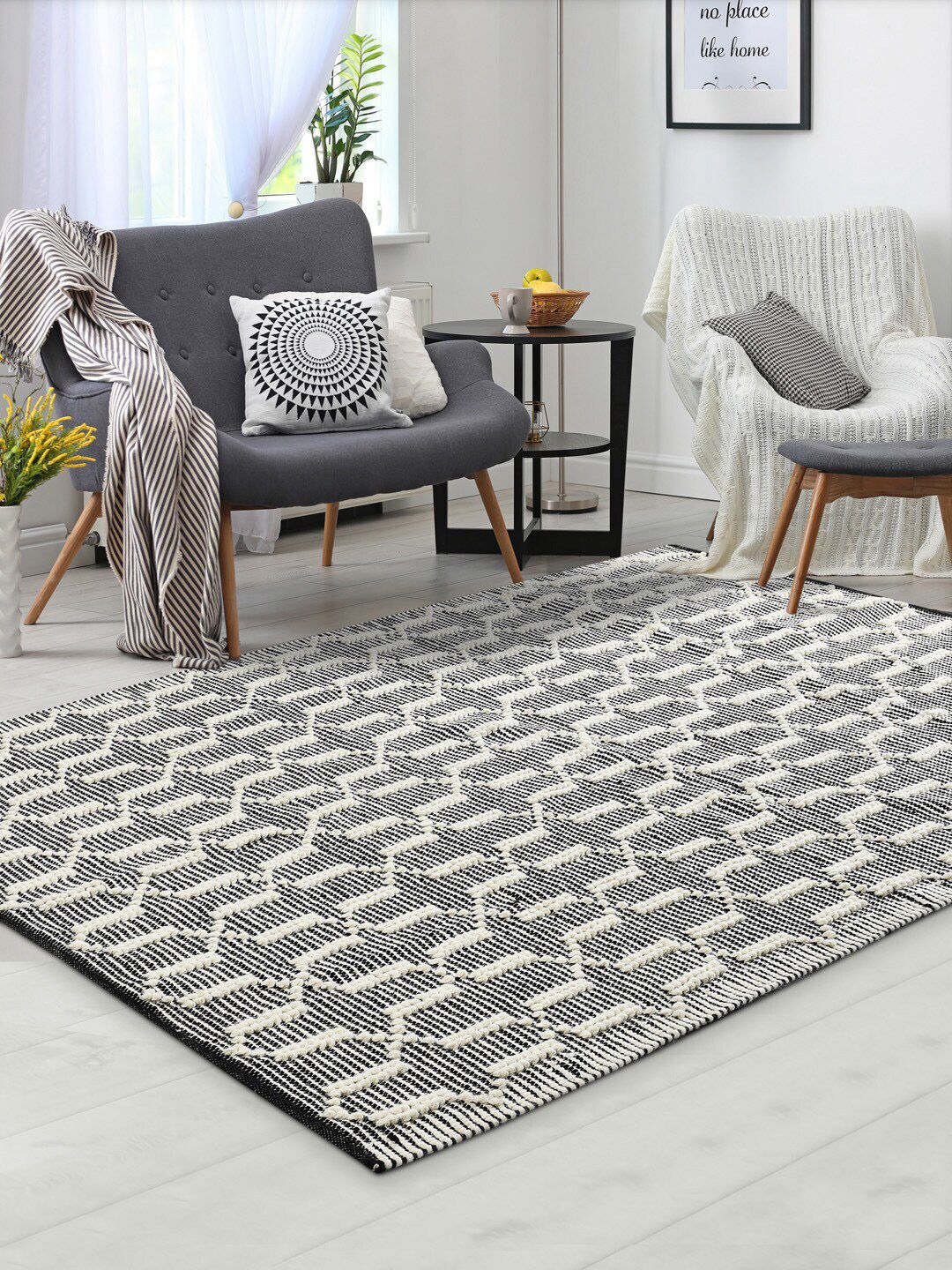 AVI Living Black & White Geometric Carpet Price in India