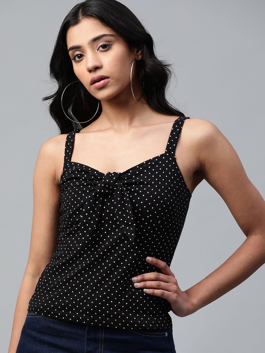 VividArtsy Women Black & White Polka Dot Print Top