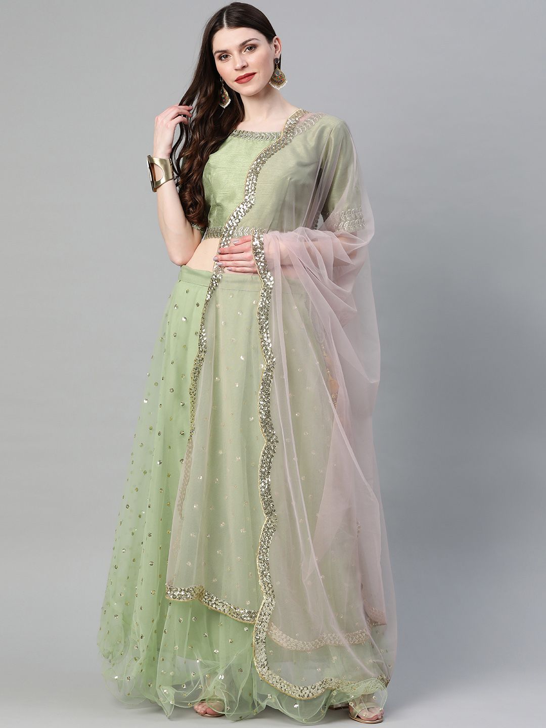 Readiprint Fashions Green & Pink Sequinned Semi-Stitched Lehenga Choli Price in India