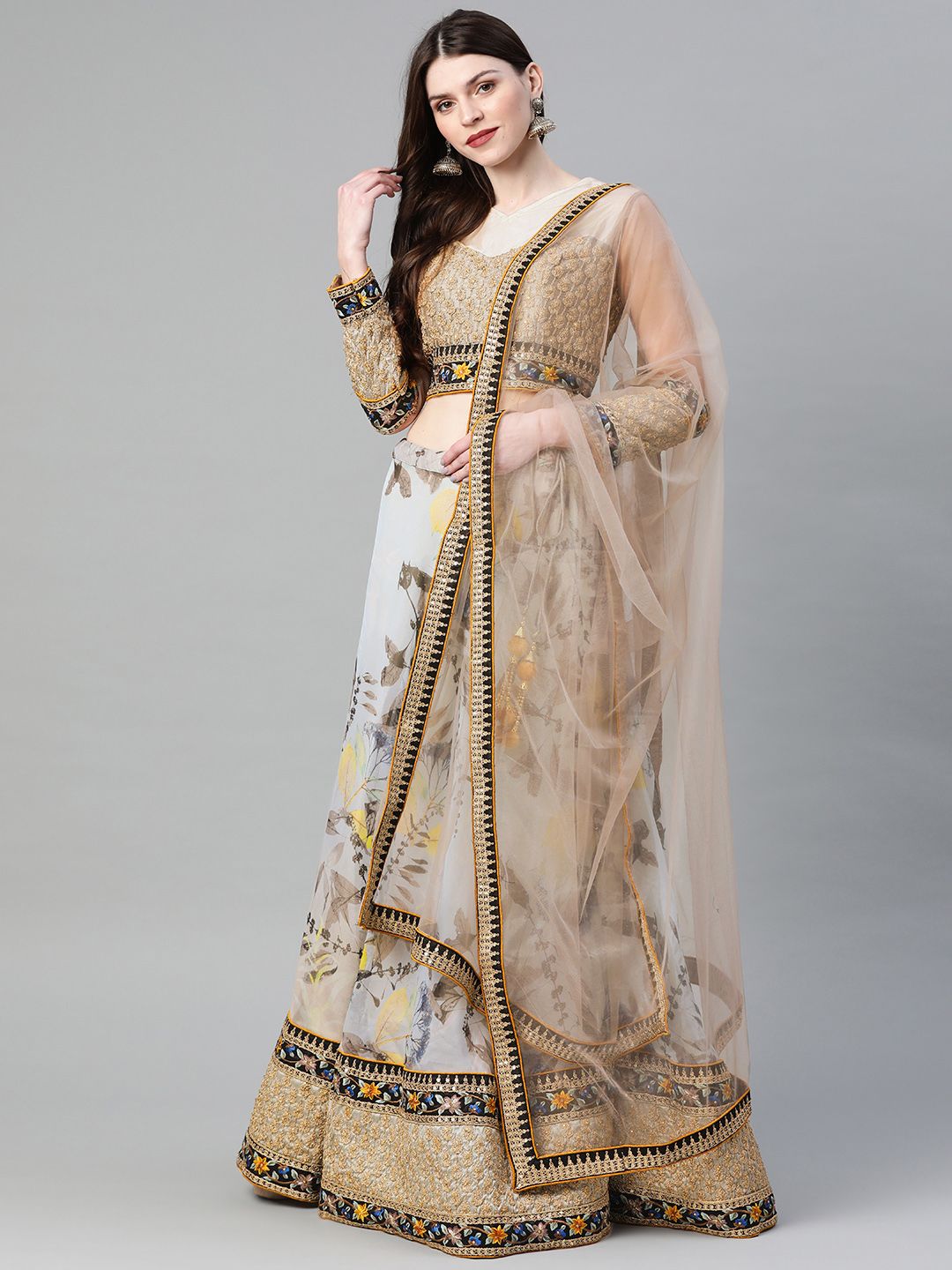 Readiprint Fashions Grey Printed Semi-Stitched Lehenga & Unstitched Blouse with Dupatta