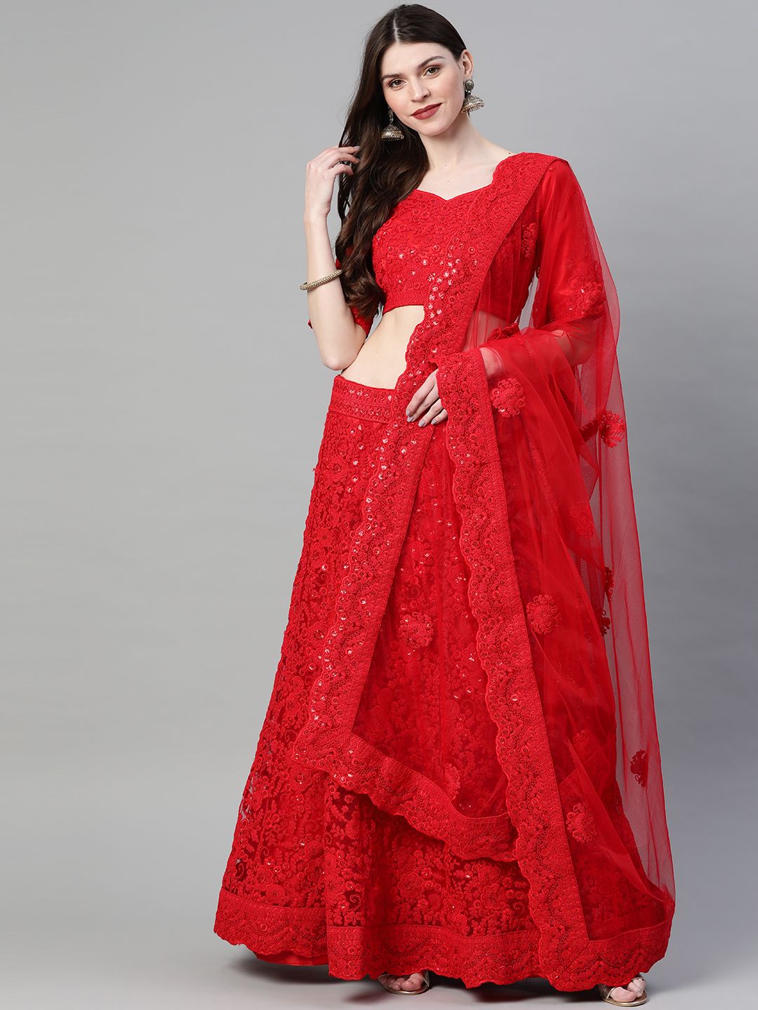 Readiprint Fashions Red Embroidered Semi-Stitched Lehenga & Blouse with Dupatta Price in India