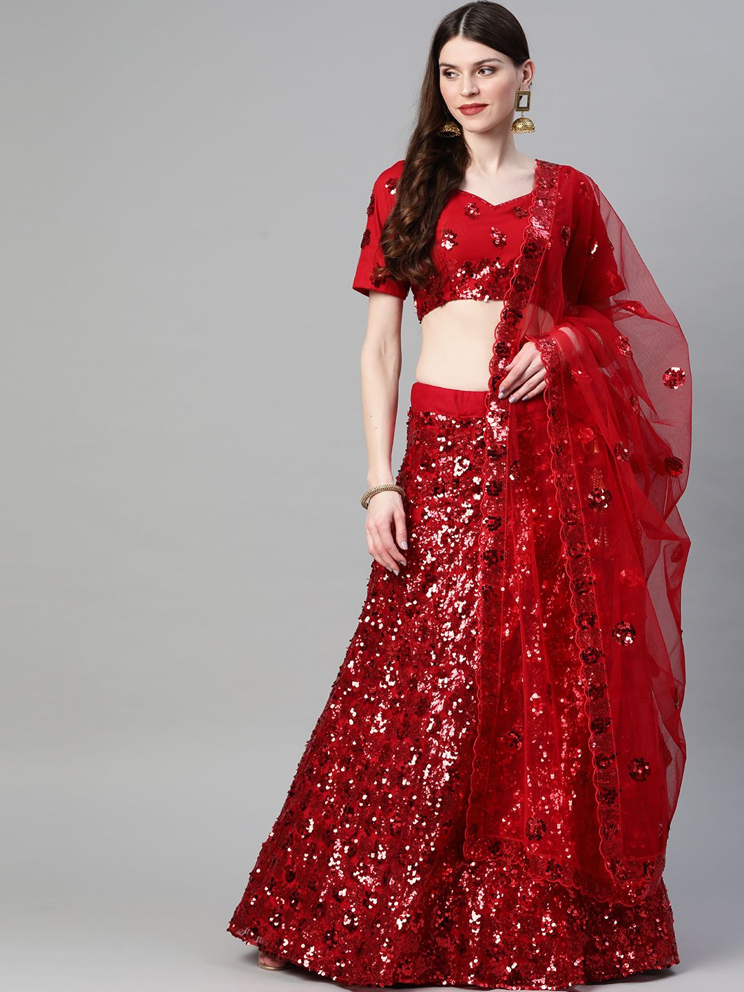 Readiprint Fashions Red Sequinned Semi-Stitched Lehenga & Blouse with Dupatta