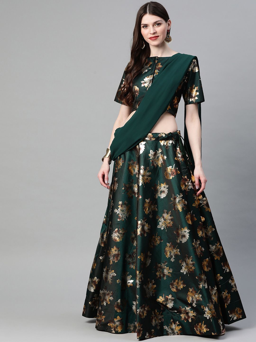 Readiprint Fashions Green & Golden Foil Print Semi-Stitched Lehenga Choli