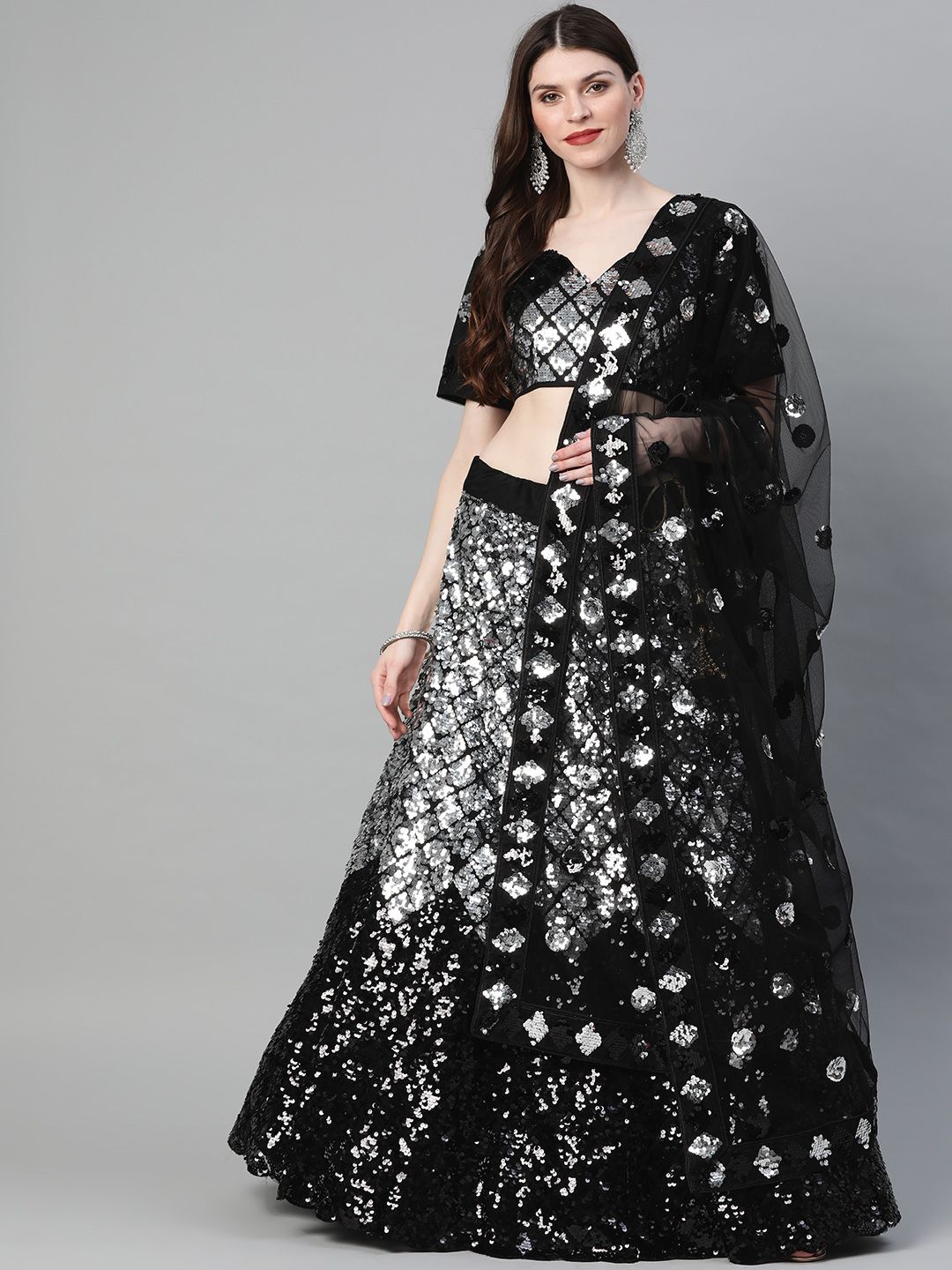 Readiprint Fashions Black & Silver-Toned Embellished Semi-Stitched Lehenga & Unstitched Blouse with Dupatta