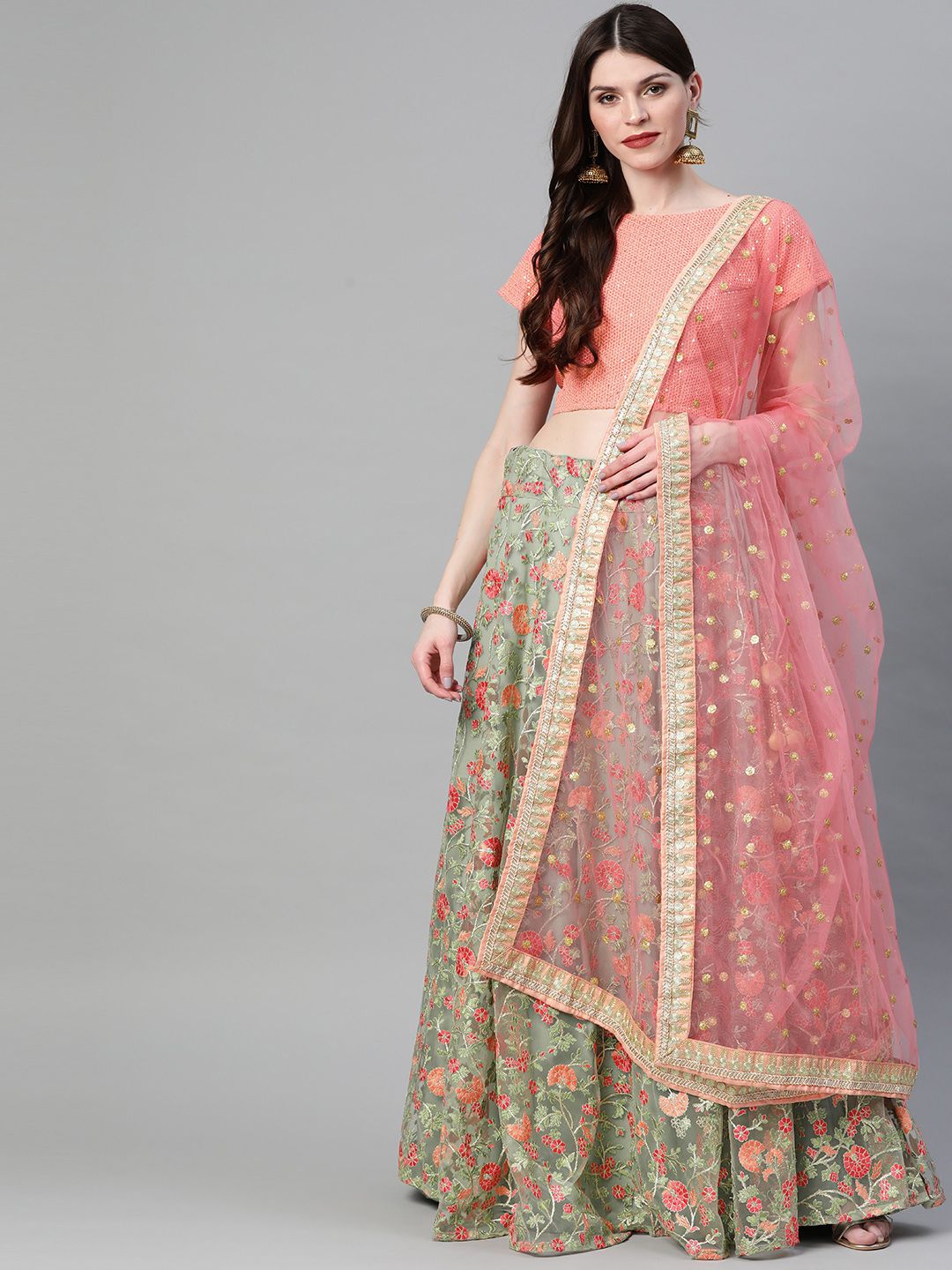 Readiprint Fashions Green & Peach Semi-Stitched Lehenga & Unstitched Blouse with Dupatta Price in India