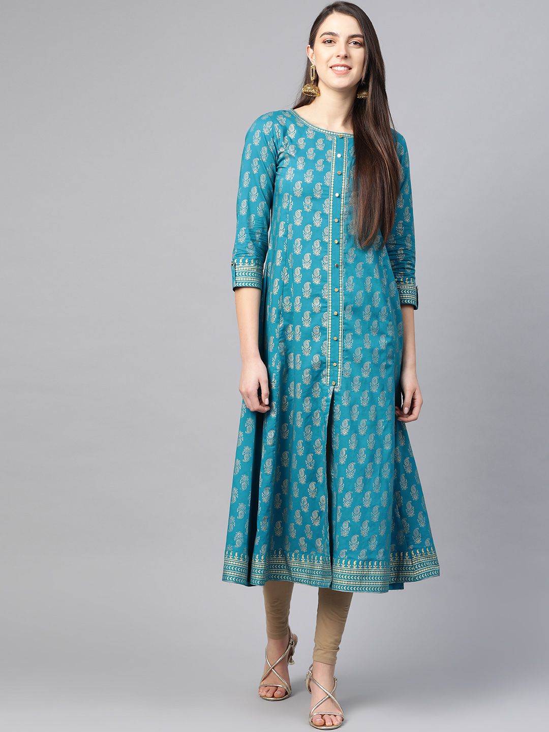 YASH GALLERY Women Blue & Golden Printed Cotton A-Line Kurta Price in India
