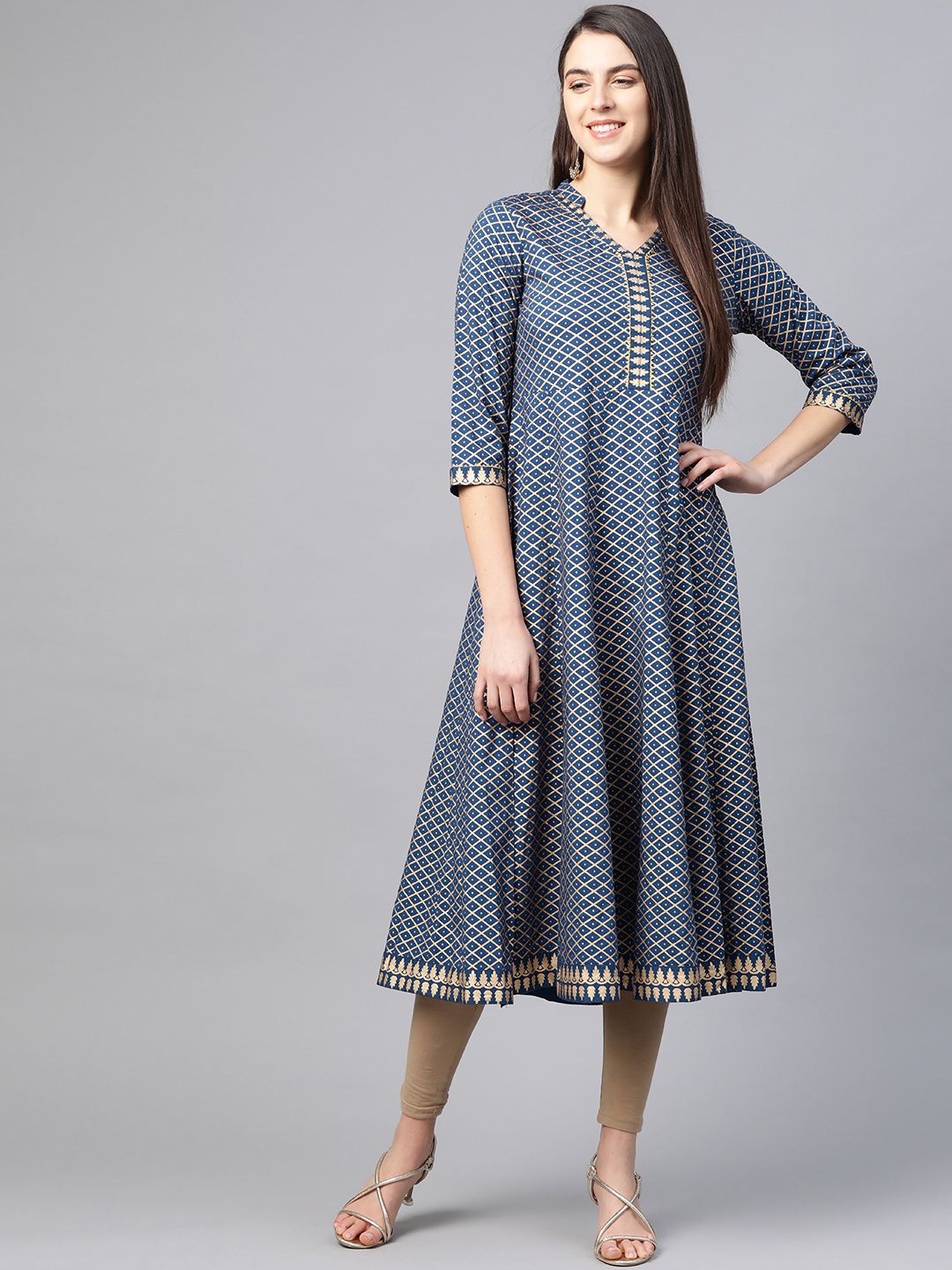 YASH GALLERY Women Teal Blue & Golden Cotton Checked Anarkali Kurta Price in India