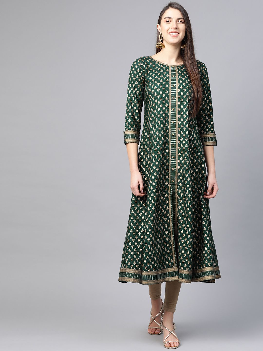 YASH GALLERY Women Green & Golden Printed Anarkali Kurta Price in India