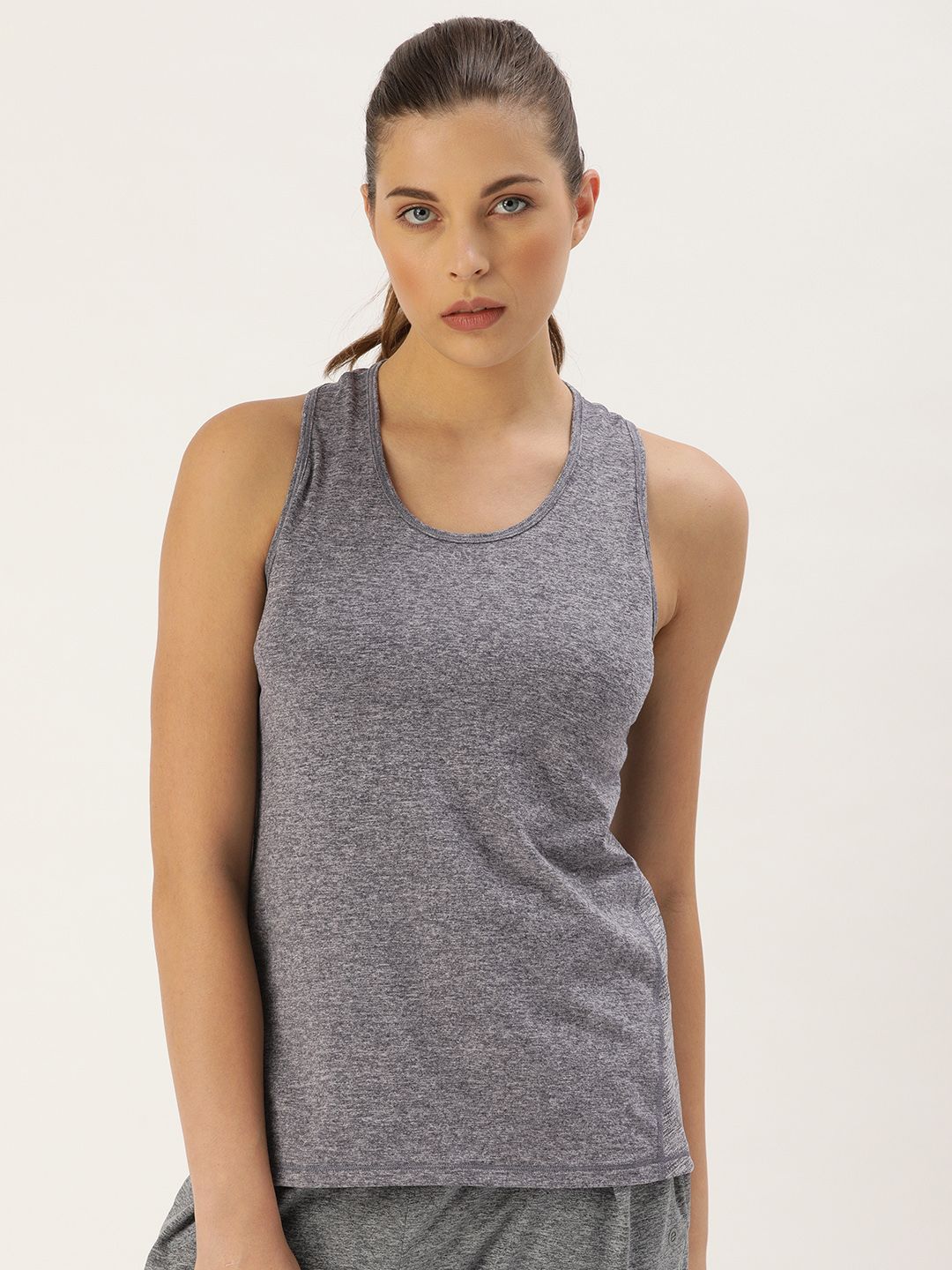 Enamor Navy Blue Melange Slim Fit Solid Tank Top