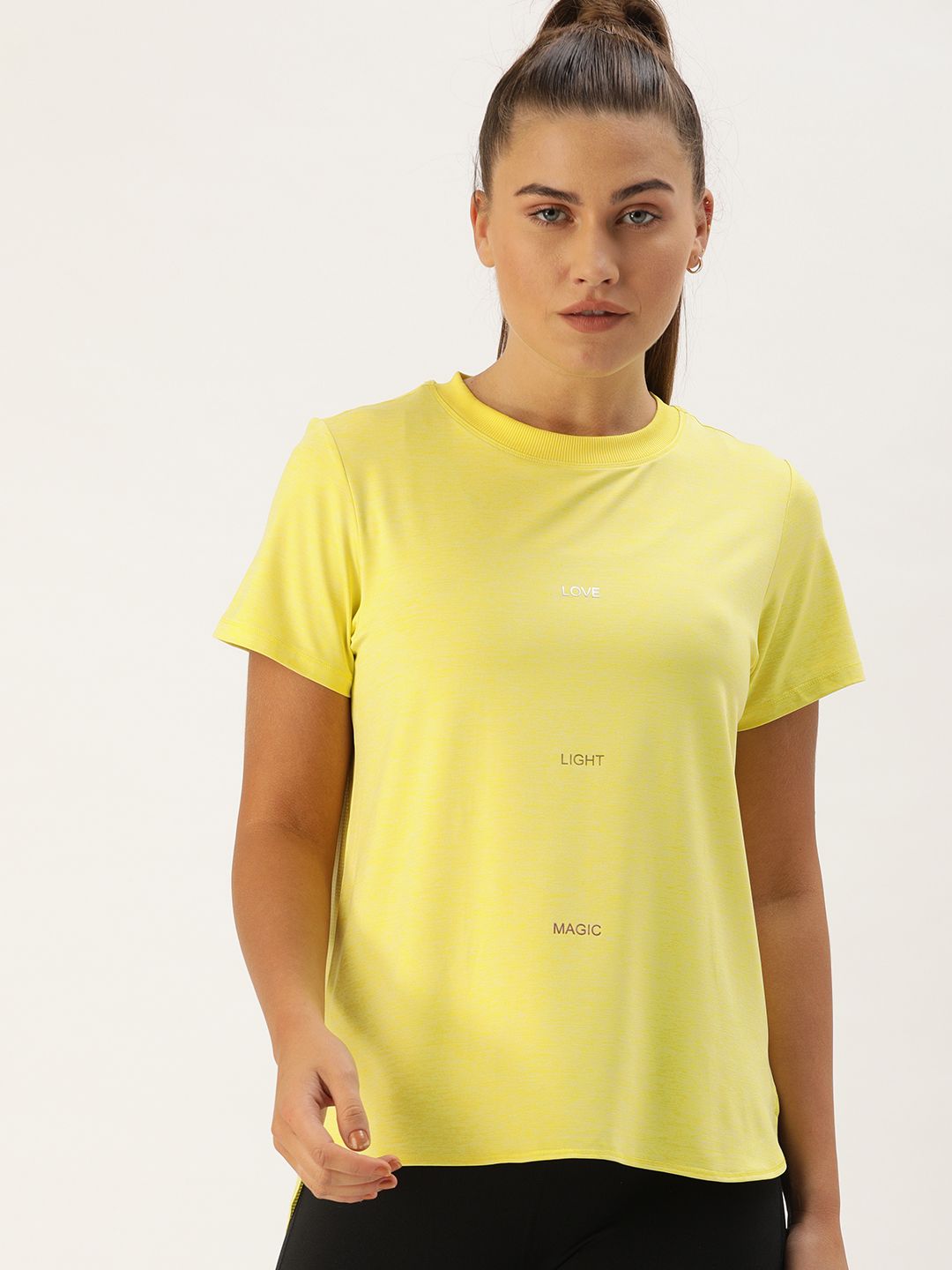 Enamor Women Yellow Printed Cut Out Detail Relaxed Round Neck T-shirt Price in India