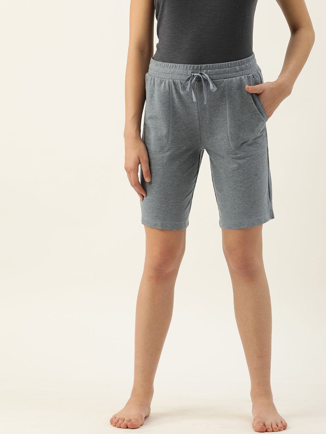 Enamor Women Grey Melange Solid Relaxed Fit Lounge Shorts Price in India