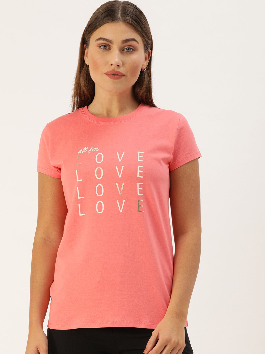 Enamor Women Coral Pink  White Printed Slim Fit Lounge T-shirt Price in India