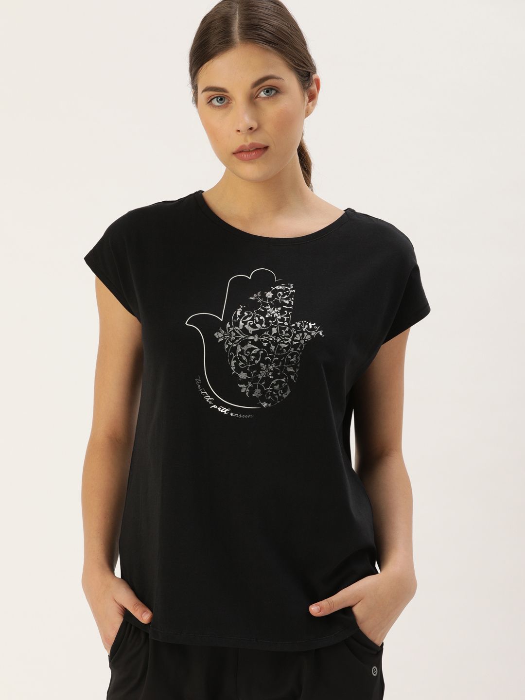 Enamor Women Black Dolman Sleeves Boat Neck Graphic Printed Antimicrobial T-Shirt Price in India