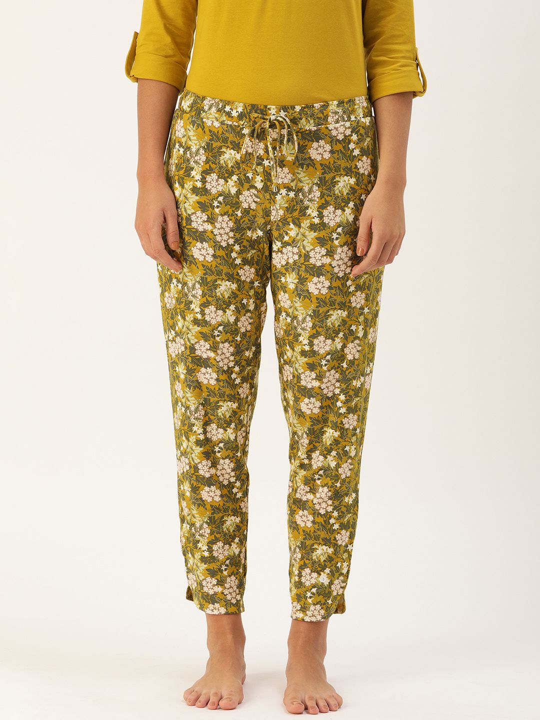 Enamor Women  Mustard Yellow Charcoal Grey Floral Print Relaxed Fit Shop in Pyjama Lounge Pants Price in India