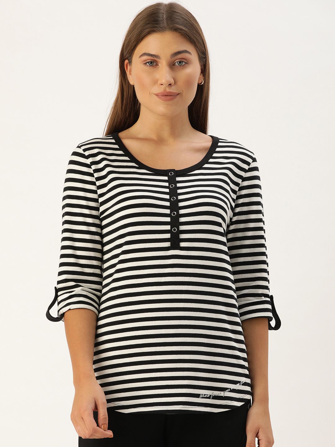 Enamor Women Black & White Slim Fit Striped Henley Neck Lounge T-shirt Price in India