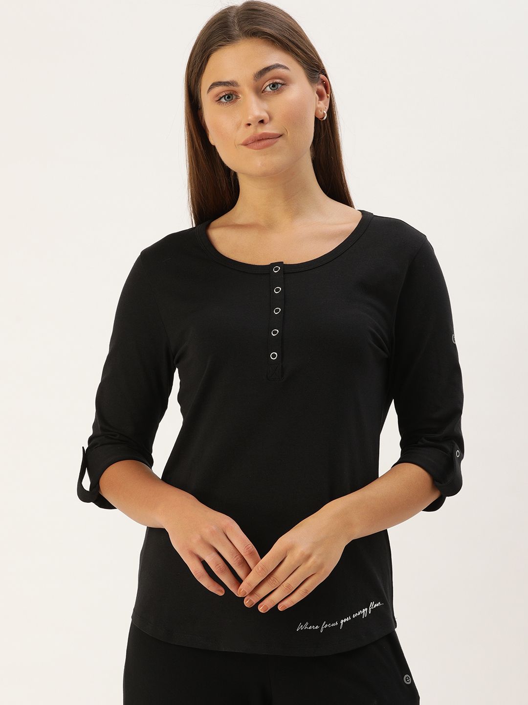 Enamor Women Black Slim Fit Solid Henley Neck Lounge T-shirts Price in India