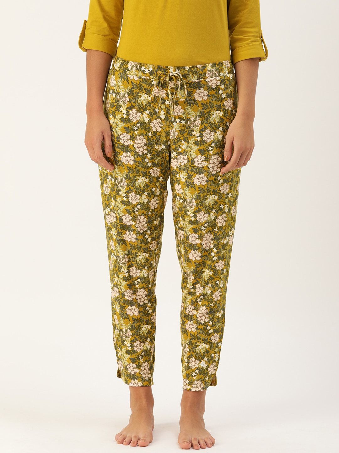 Enamor Women Mustard Yellow Charcoal Grey Floral Print Relaxed Fit Lounge Pants Price in India