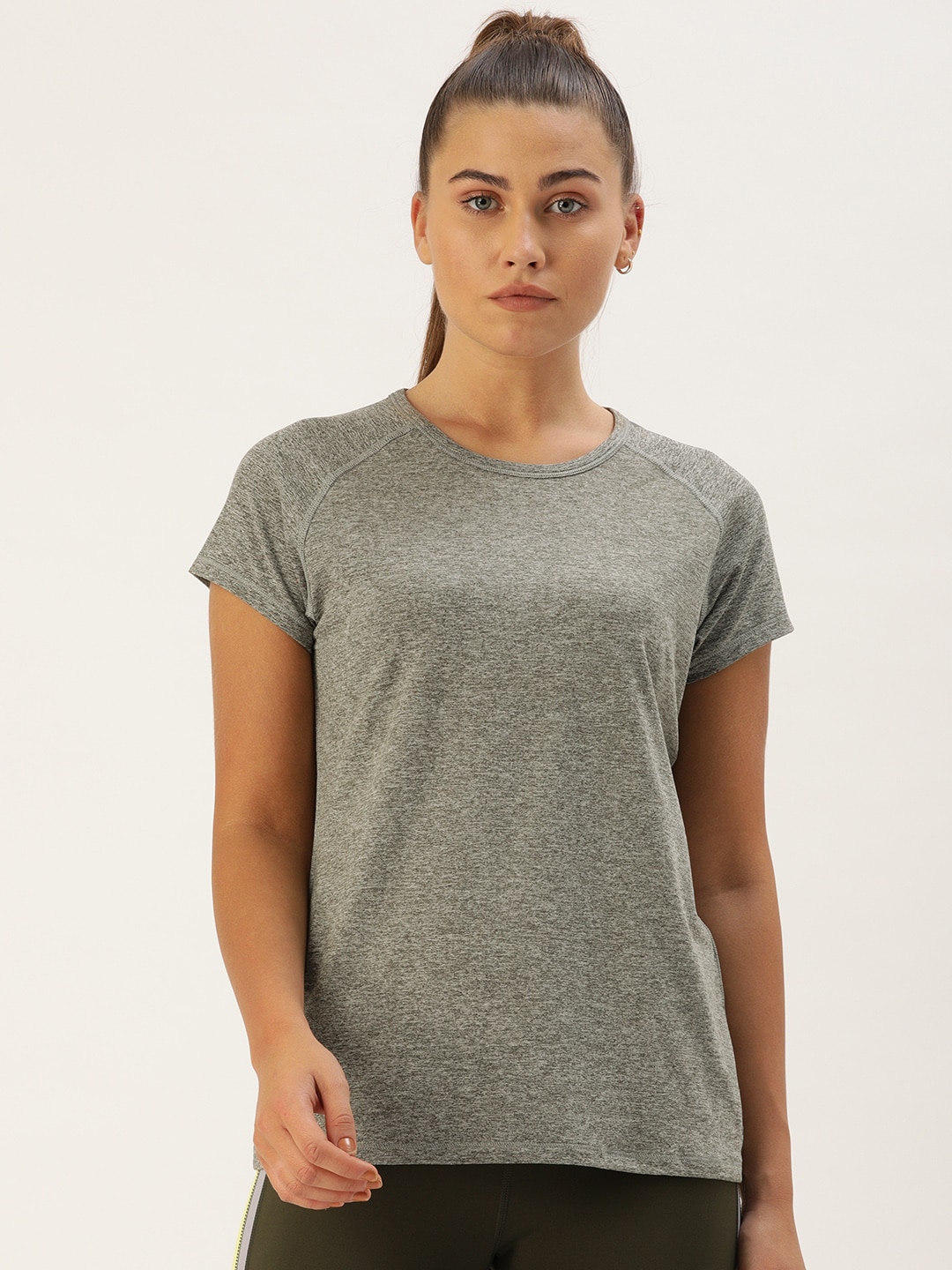 Enamor Women Olive Green Solid Round Neck Slim Fit Rapid Dry and Antimicrobial T-shirt Price in India