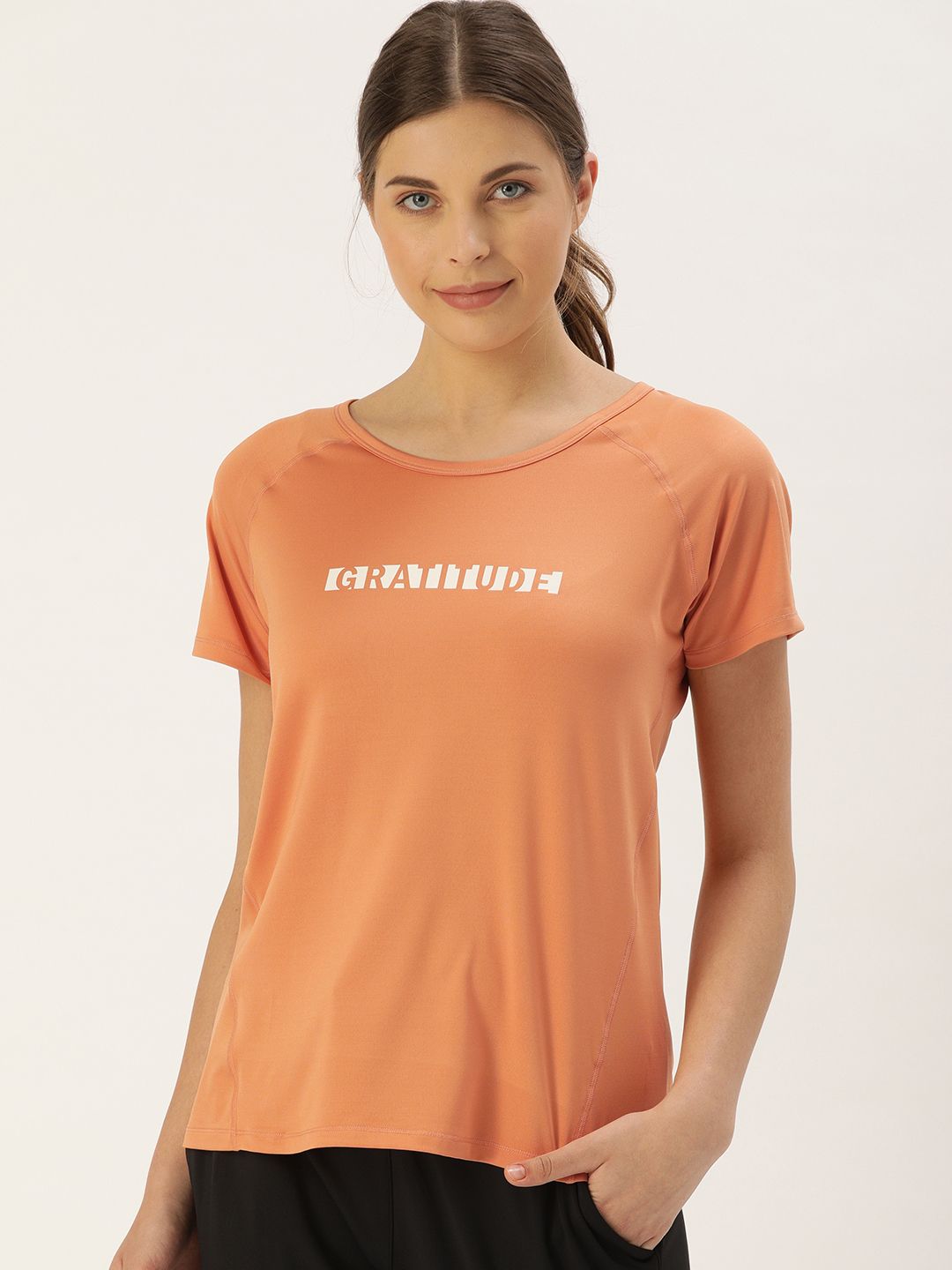 Enamor Women Orange & White Printed Round Neck Lounge T-shirt Price in India