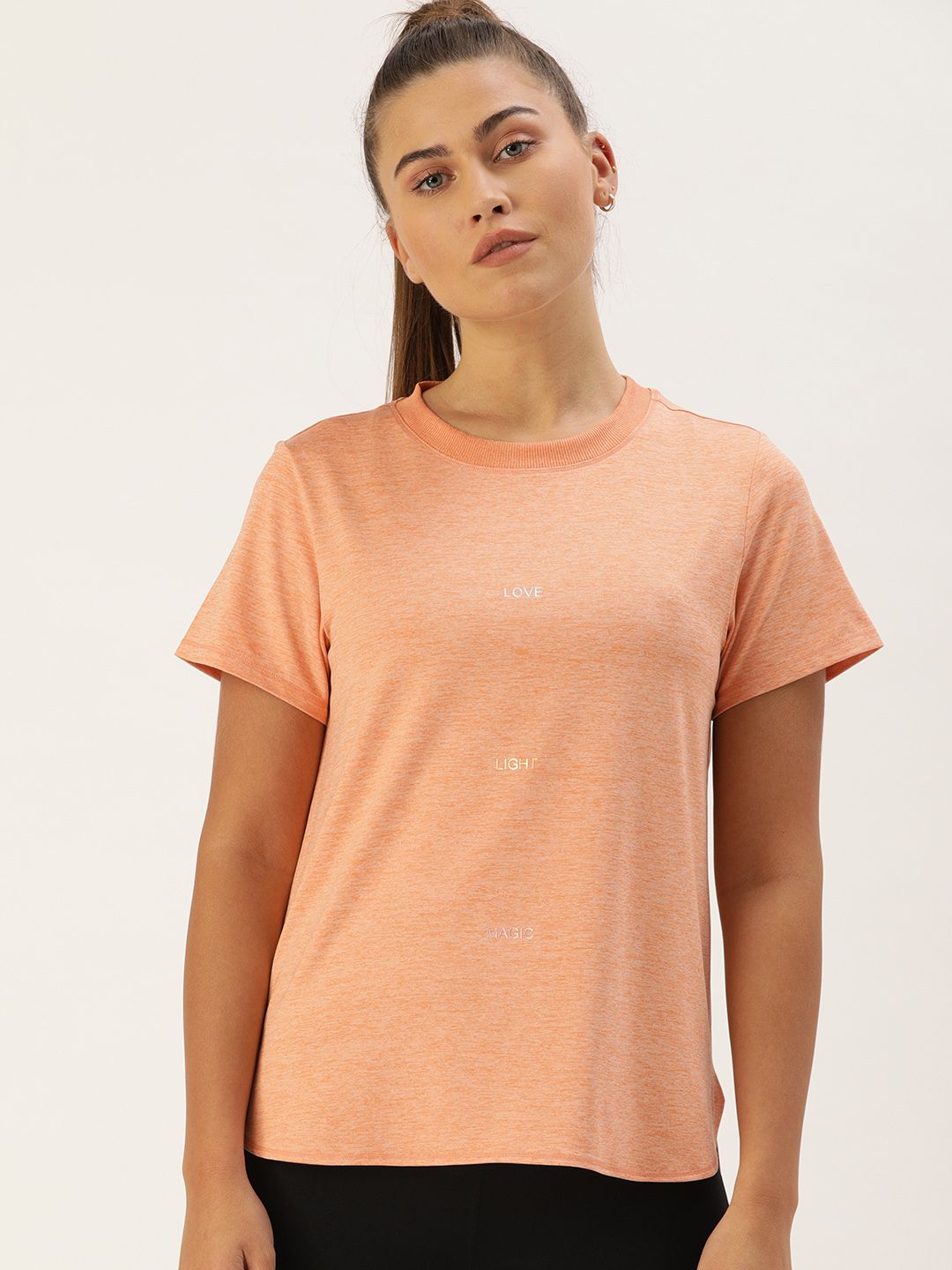 Enamor Women Orange Printed Cut Out Detail Round Neck T-shirt Price in India