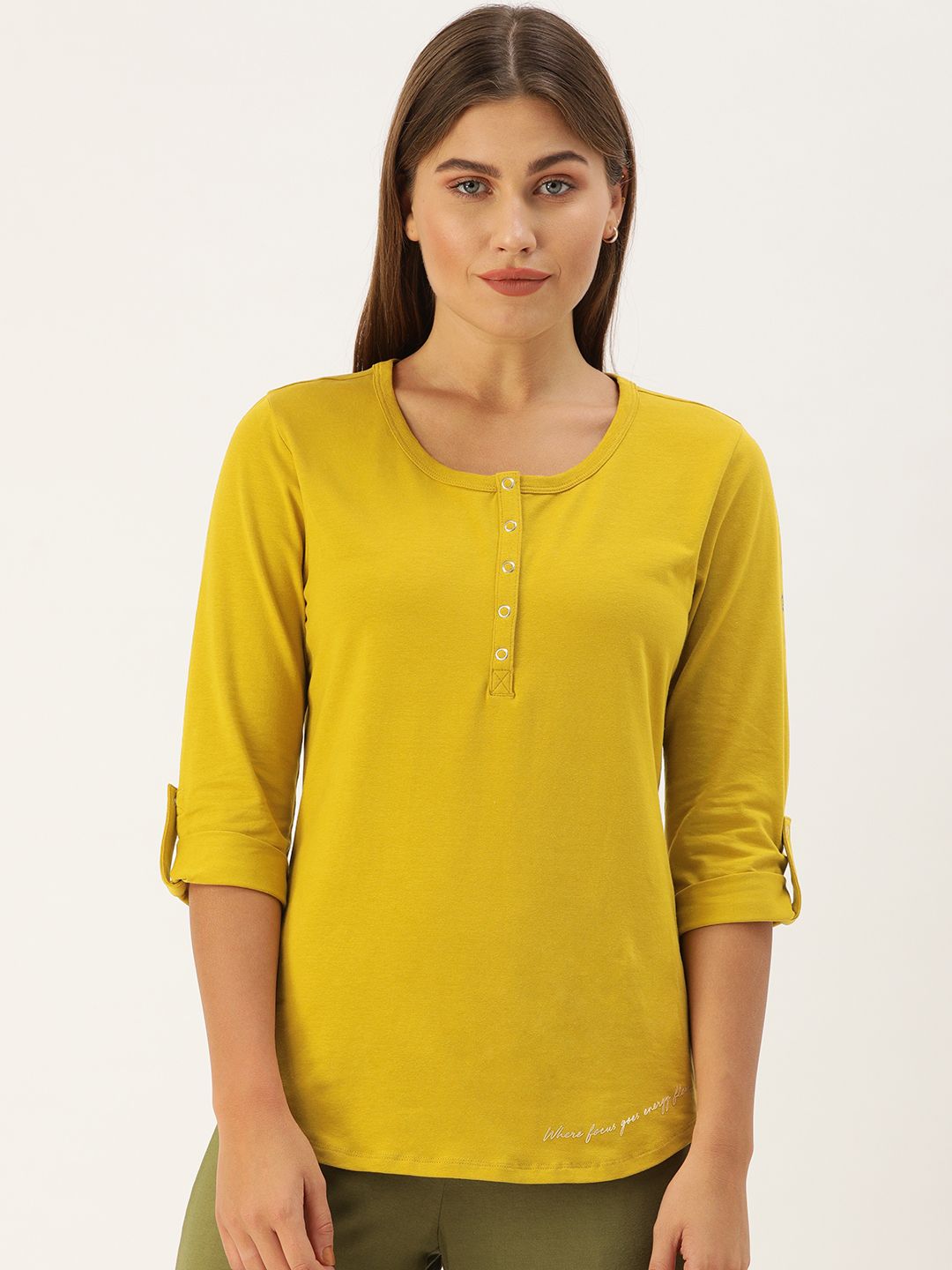 Enamor Women Mustard Yellow Slim Fit Solid Henley Neck Lounge T-shirts Price in India