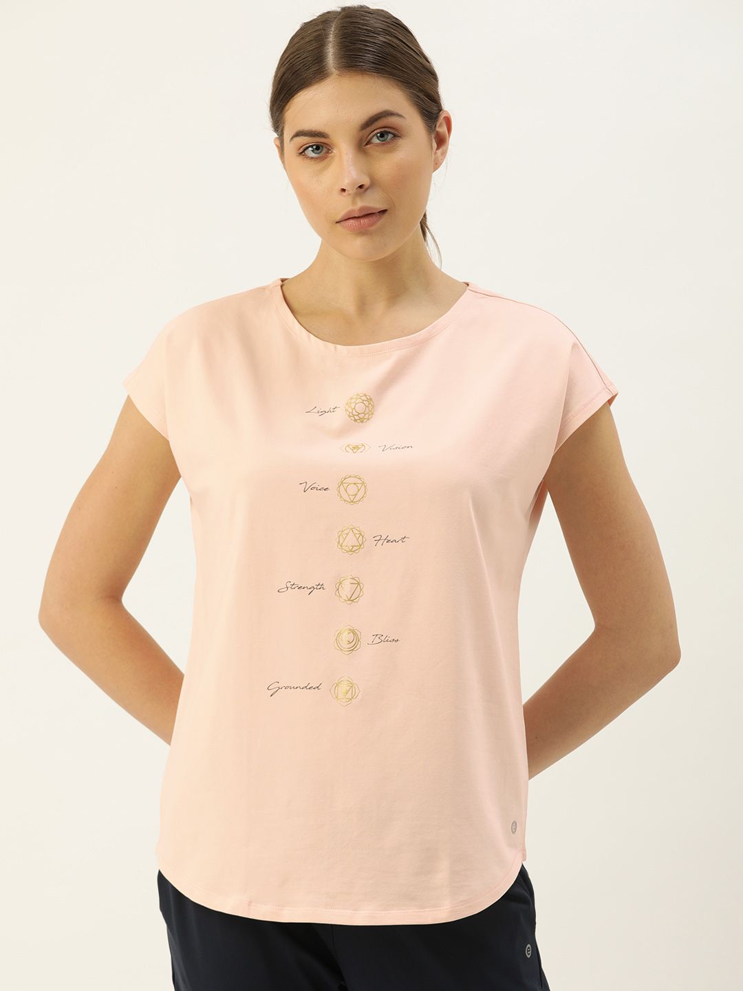 Enamor Women Pink Pearl Dolman Sleeves Boat Neck Graphic Printed Antimicrobial T-Shirt Price in India