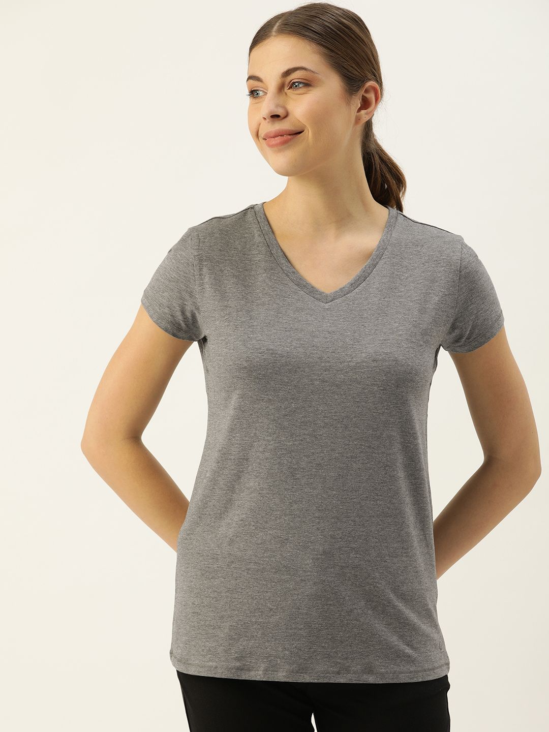 Enamor Women Grey Melange Slim Fit Solid V-Neck Lounge T-shirt Price in India