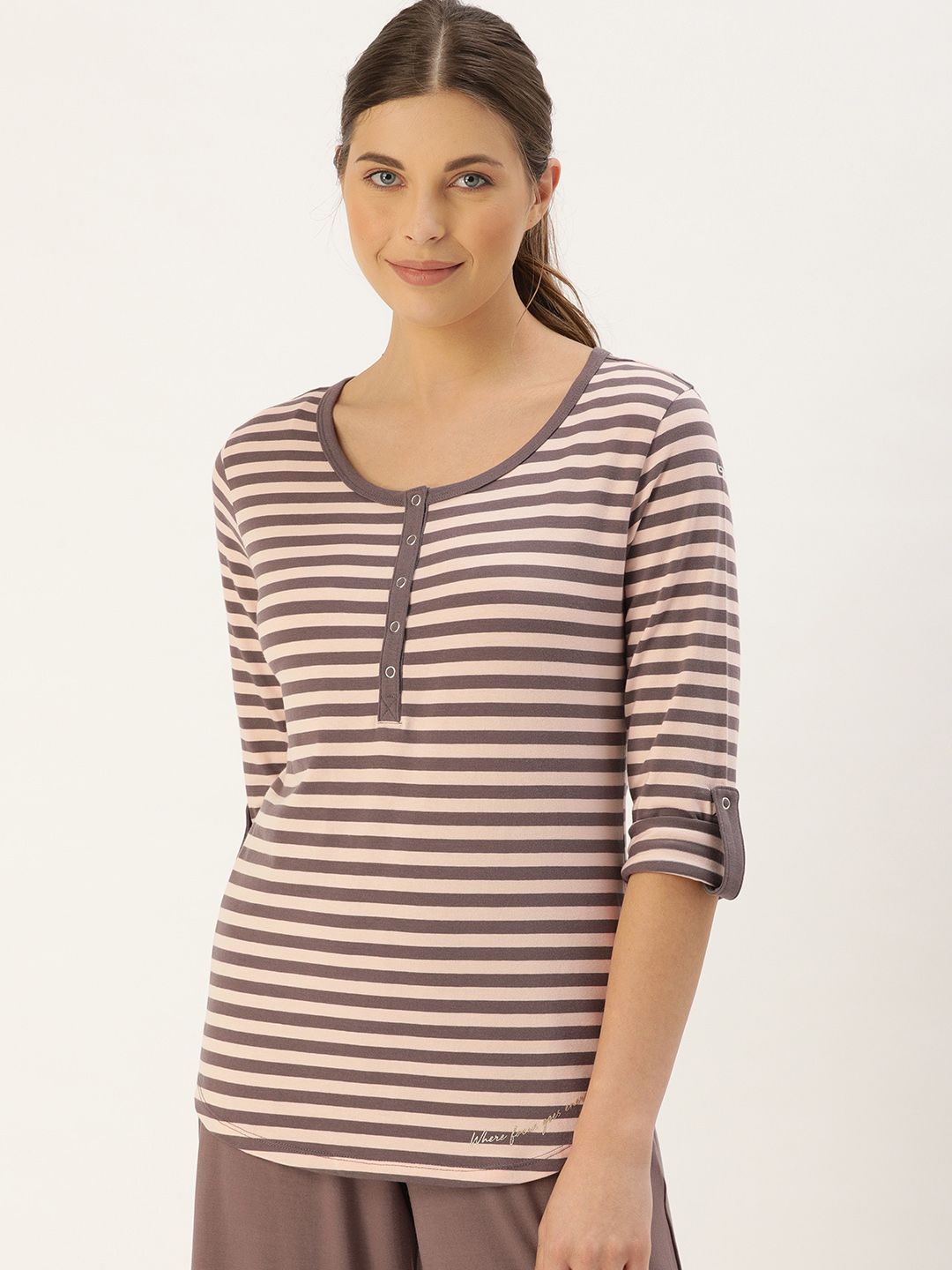 Enamor Women Mauve & Off-White Slim Fit Striped Henley Neck Lounge T-shirt Price in India