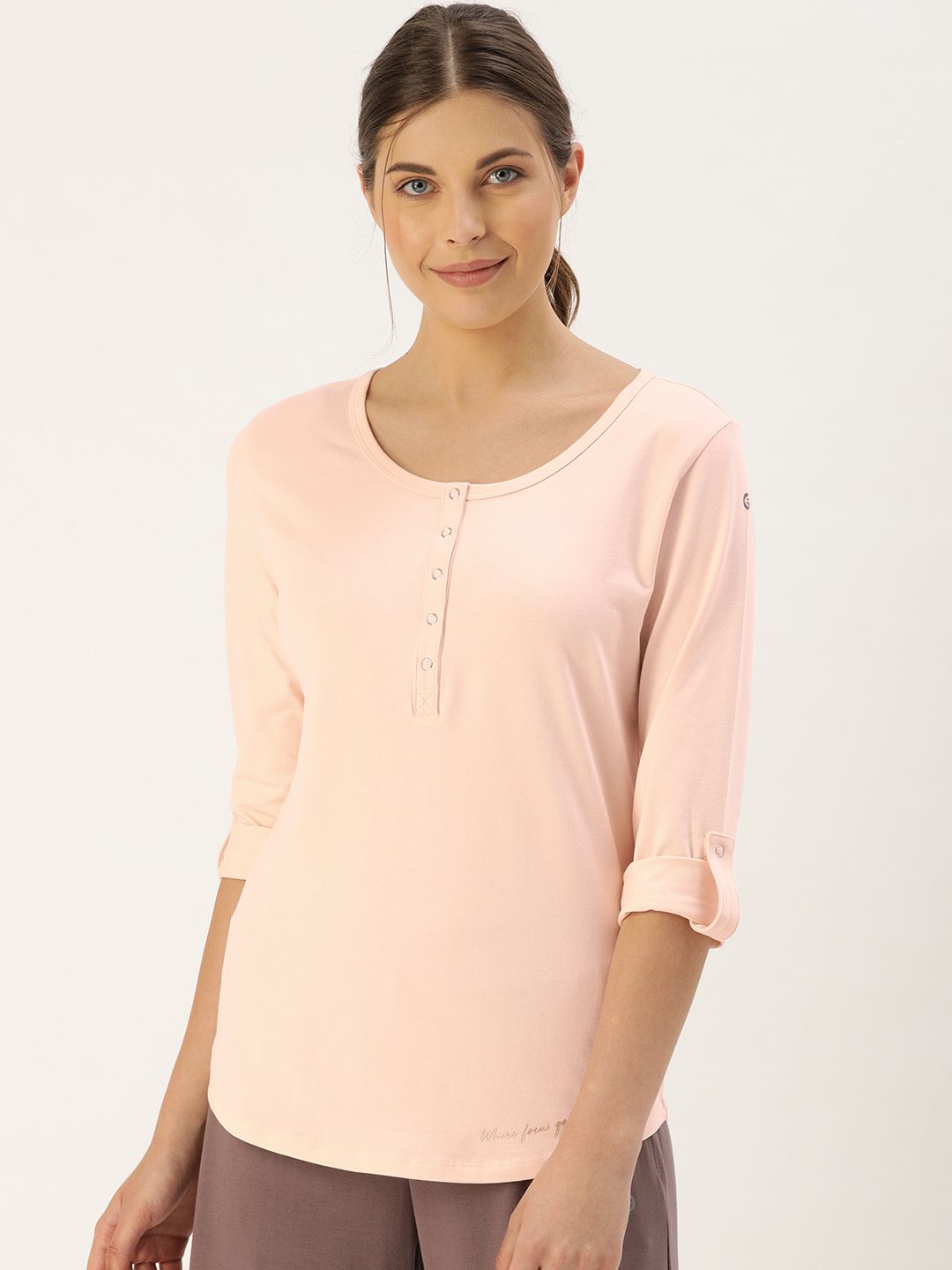 Enamor Women Pink Slim Fit Solid Henley Neck Lounge T-shirts Price in India