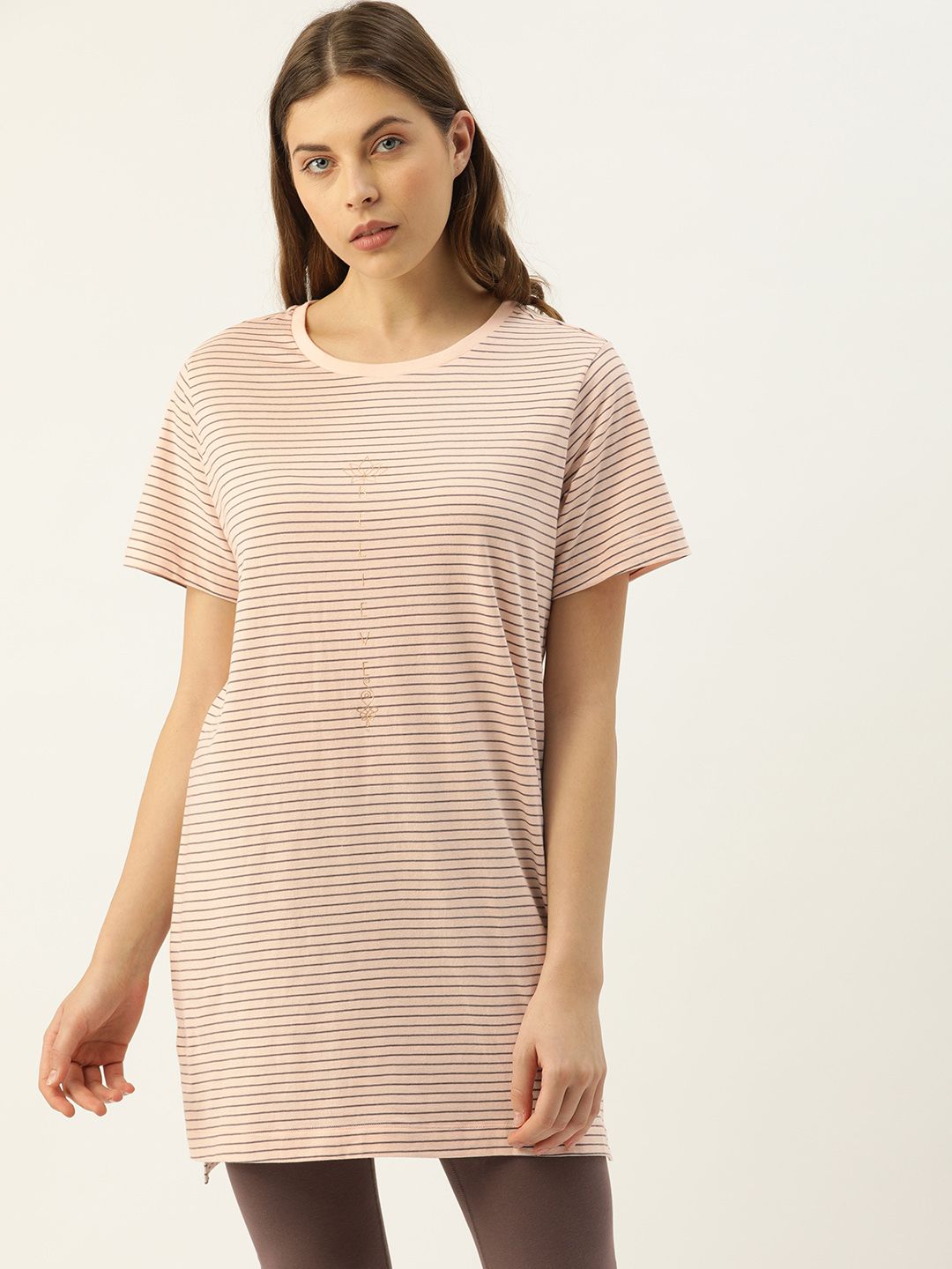 Enamor Women Pink  Grey Striped Relaxed Fit Long Length Tunic T-Shirt Price in India