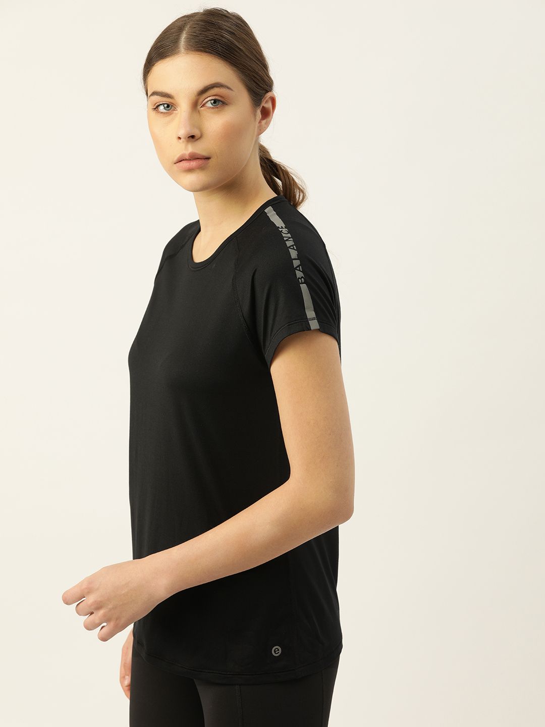 Enamor Women Black Solid Round Neck Slim Fit Rapid Dry and Antimicrobial T-shirt Price in India