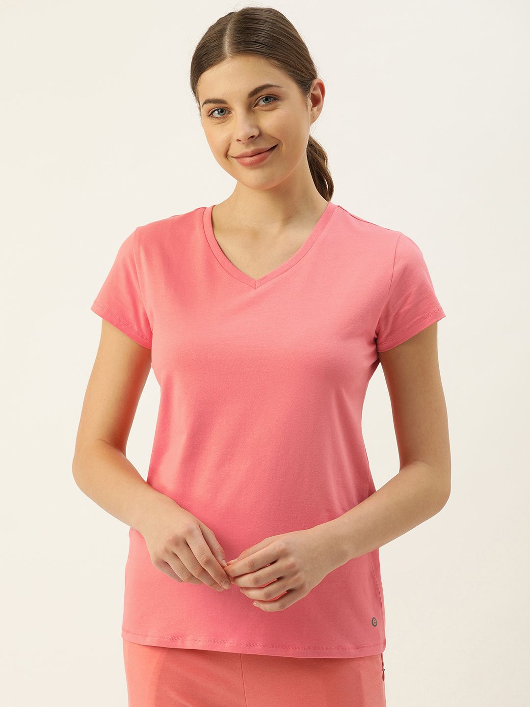 Enamor Women Pink Slim Fit Solid V-Neck Lounge T-shirt Price in India