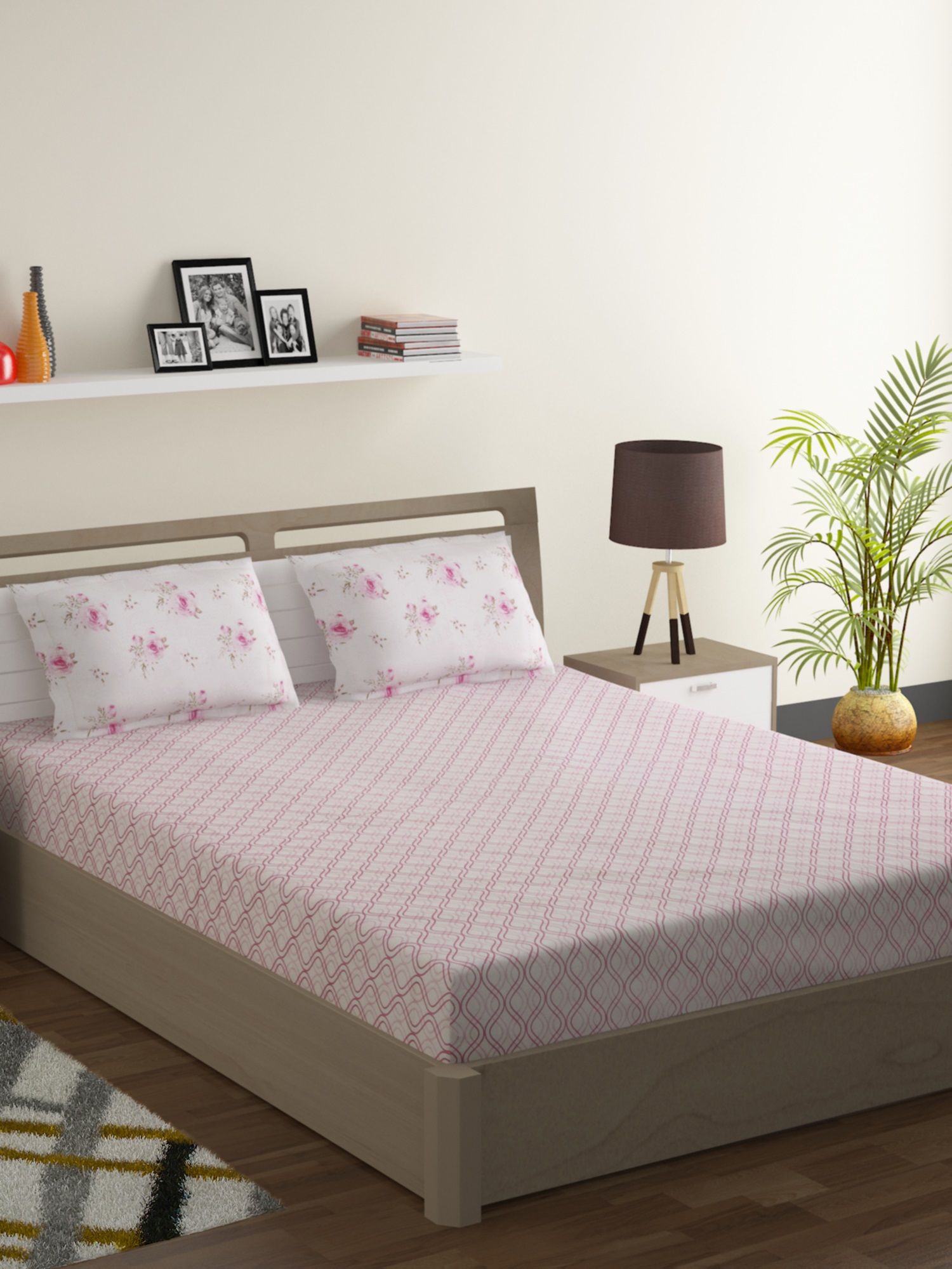 Swayam Off White & Pink 210 TC 100% Cotton 1 Double Bedsheet with 2 Pillow Covers Price in India