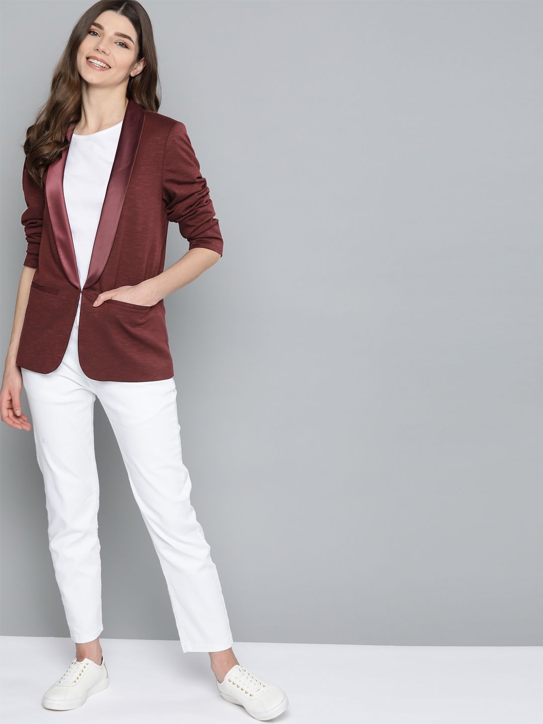 Mast & Harbour Women Burgundy Regular Fit Self Design Front Open Smart Casual Blazer Price in India