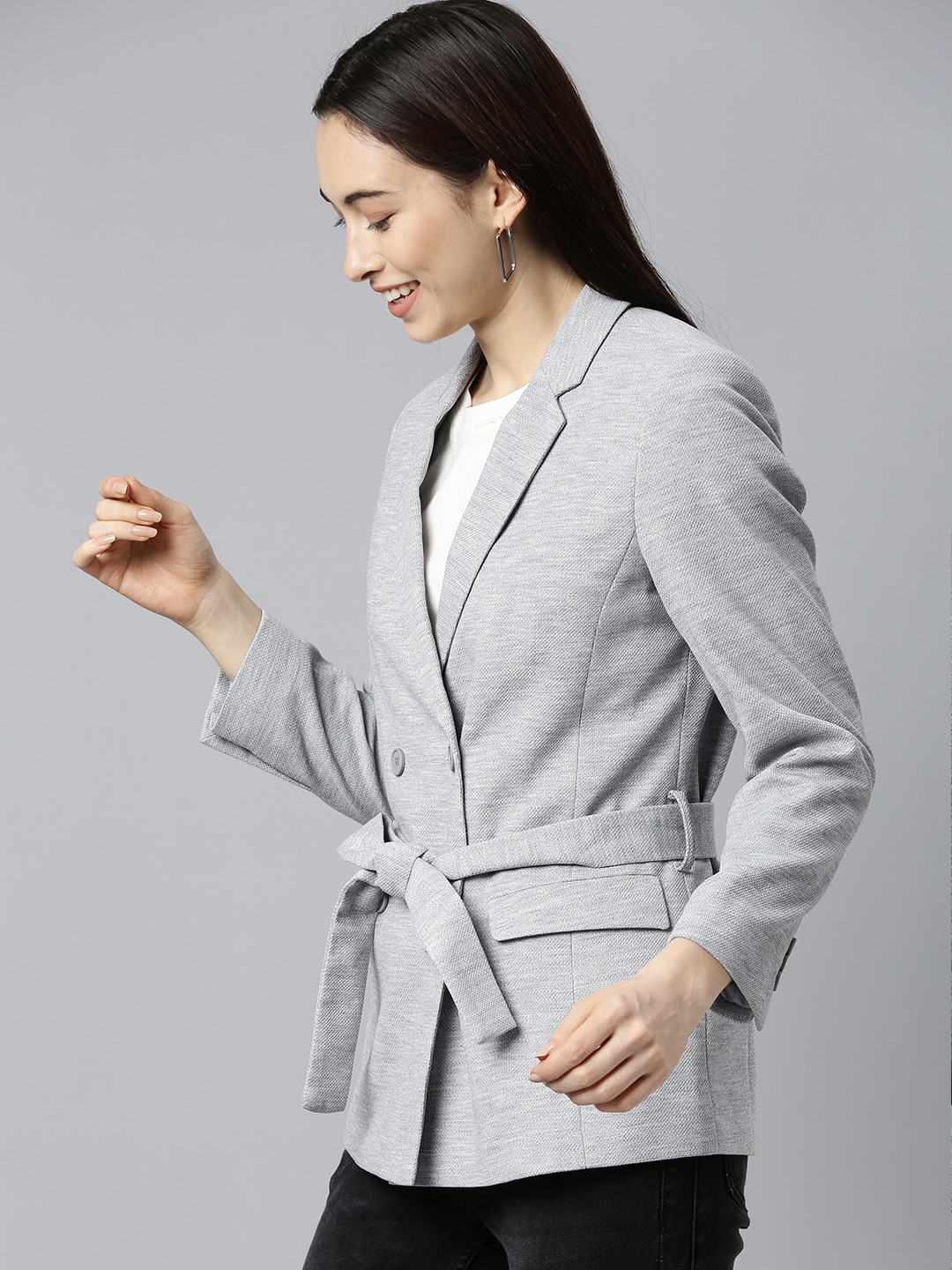 Mast & Harbour Women Grey Solid Double Breasted Regular Fit Casual Blazer With Belt Price in India