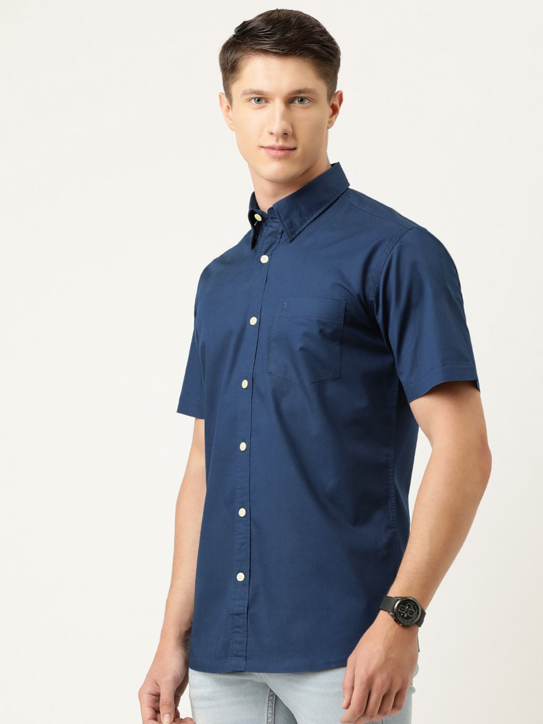 Buy Burnt Umber Men Navy Blue Slim Fit Solid Pure Cotton Casual