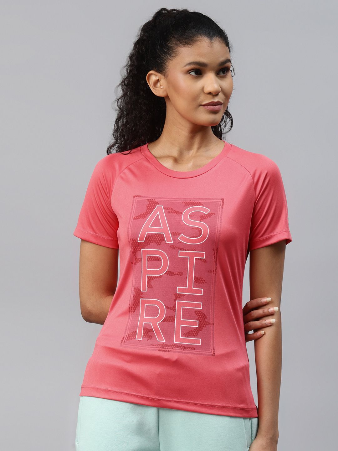 Alcis Women Coral Pink Typography Printed Slim Fit T-shirt Price in India