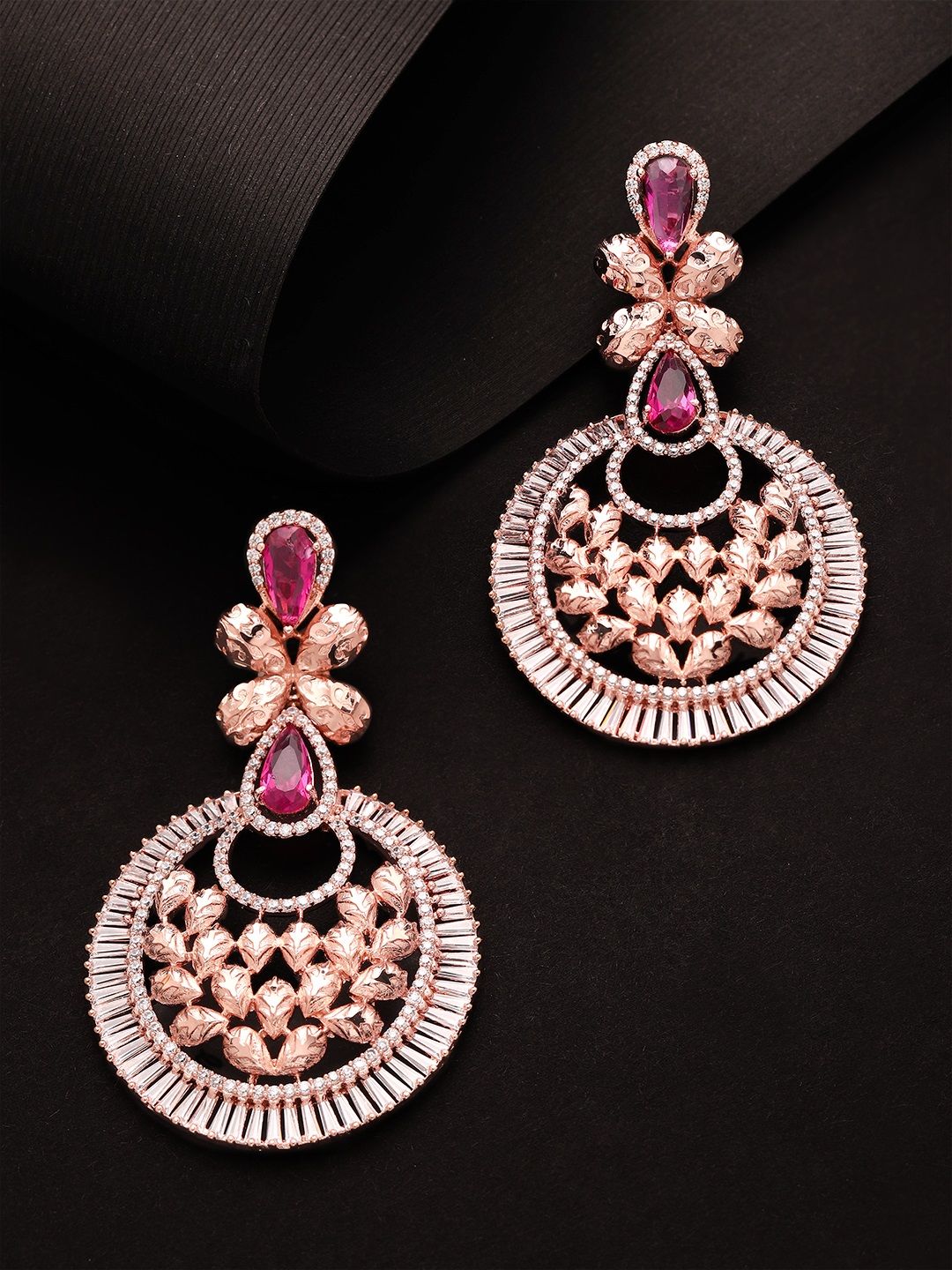 Rubans Rose Gold-Plated & Magenta Zircon Classic Drop Earrings Price in India