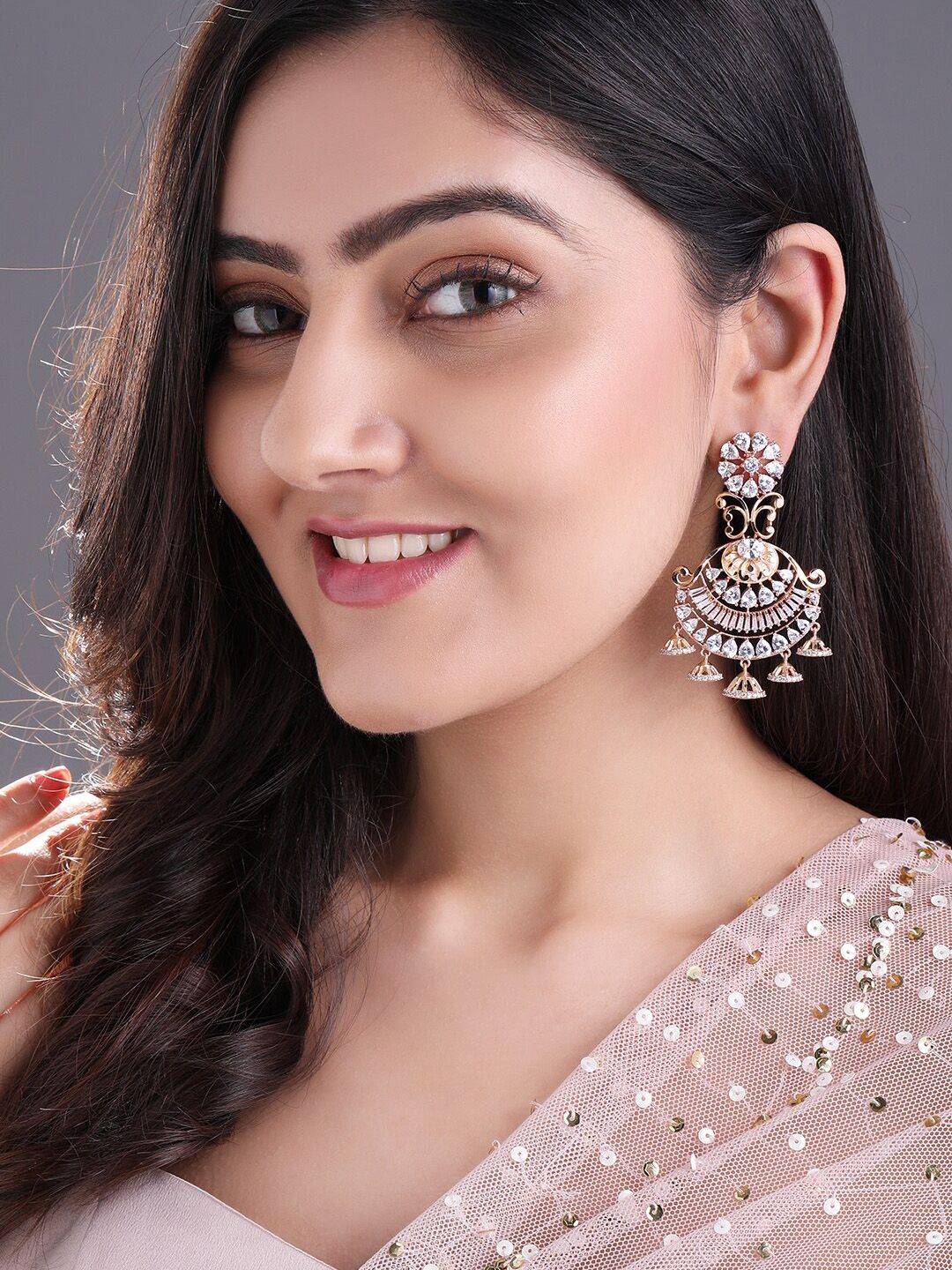 Rubans Rose Gold Plated & Off-White Zircon Studded Crescent Shaped Chandbalis Price in India