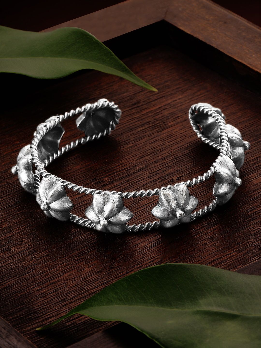 Rubans Oxidised Silver-Plated Flower-Shaped Handcrafted Cuff Bracelet Price in India