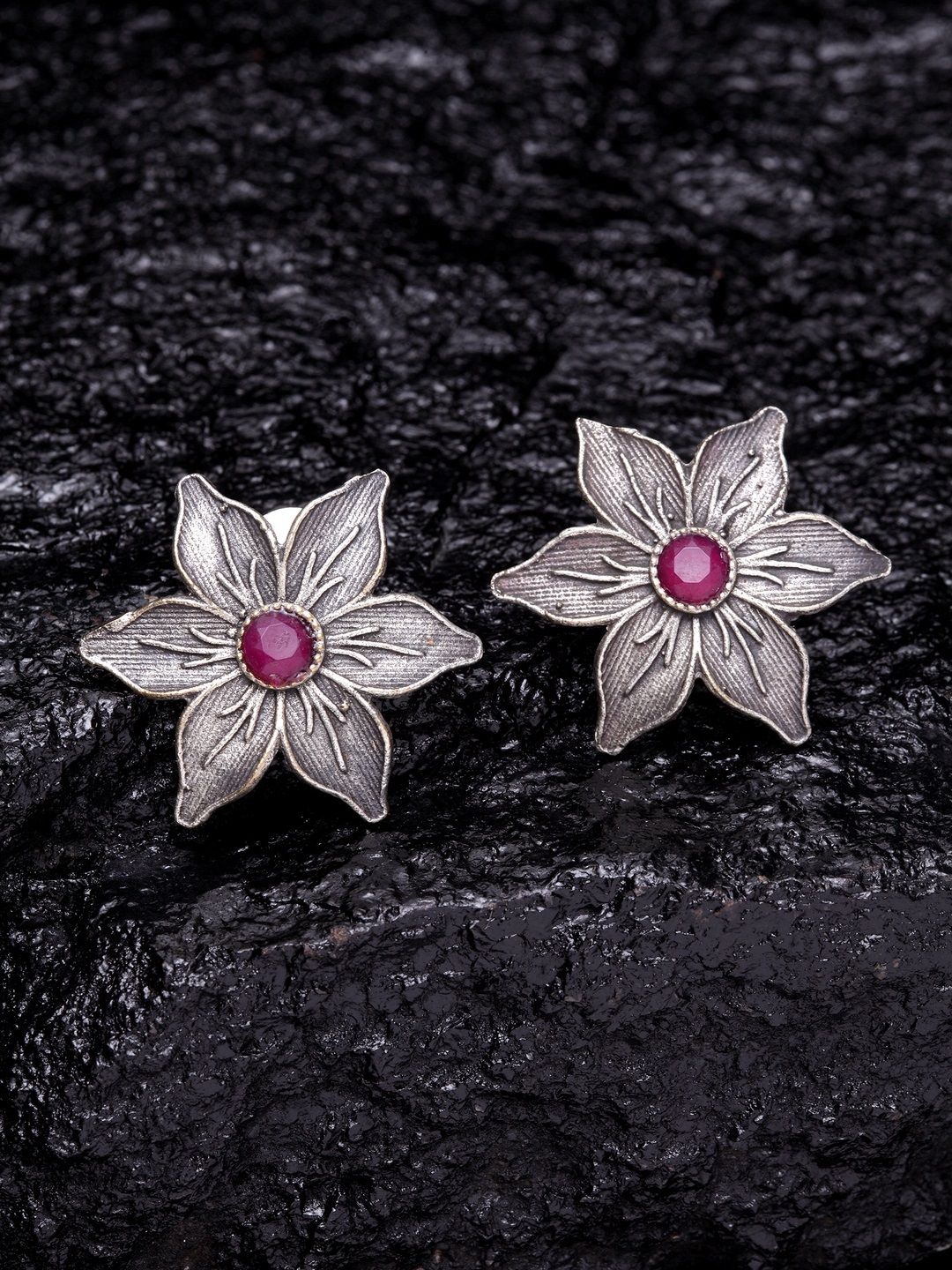 PANASH Silver-Toned & Pink Floral Studs Price in India