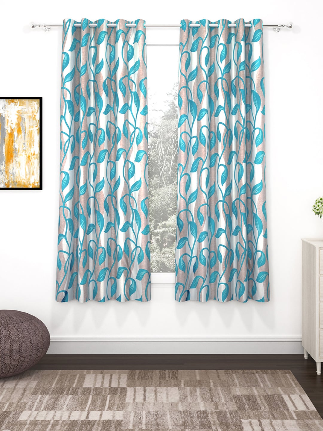 Bedspun Turquoise Blue Set of 2 Polyetser Eyelet Ringtop Window Curtains-5 feet Price in India