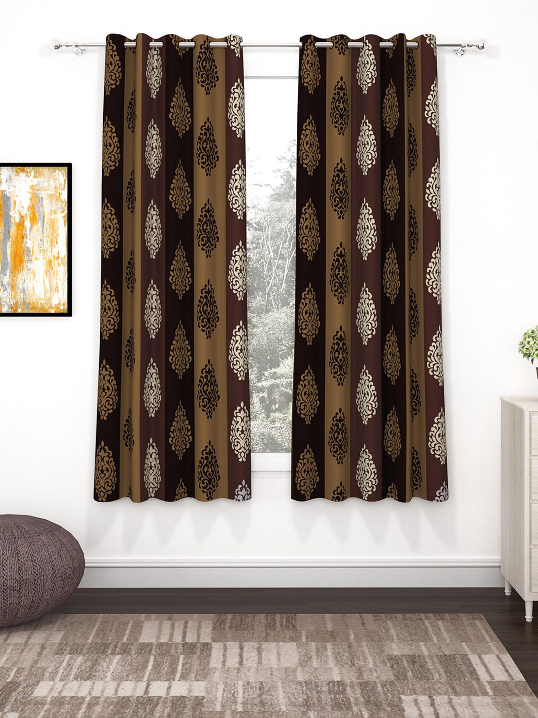 Bedspun Set Of 2 Brown & White Printed Polyetser Eyelet Ringtop Window Curtains-5 feet Price in India