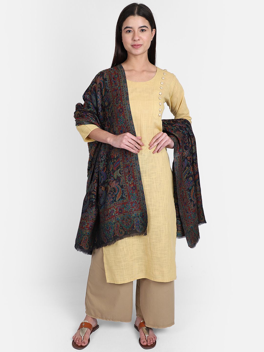 Anekaant Black & Brown Woven Paisley Pure Wool Kani Shawl Price in India
