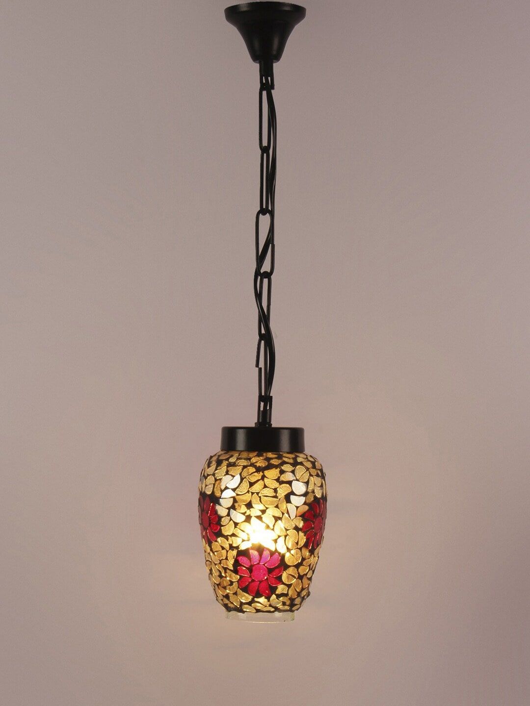 Devansh Red & Gold-Toned Mosaic Pattern Traditional Glass Hanging Lamp Price in India